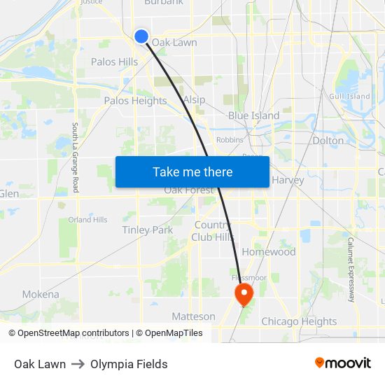 Oak Lawn to Olympia Fields map