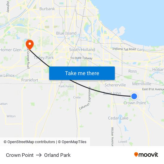 Crown Point to Orland Park map