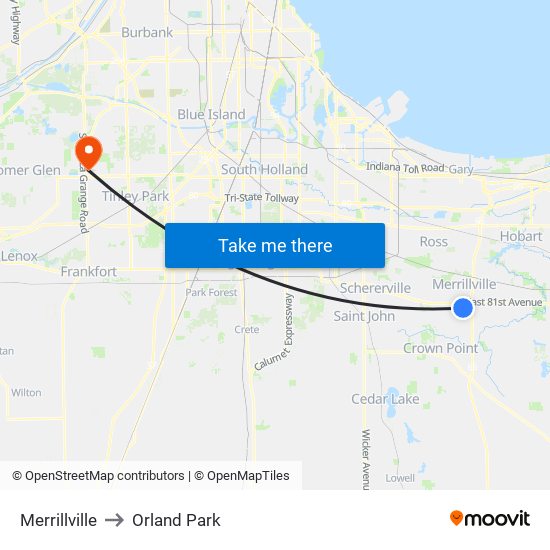 Merrillville to Orland Park map