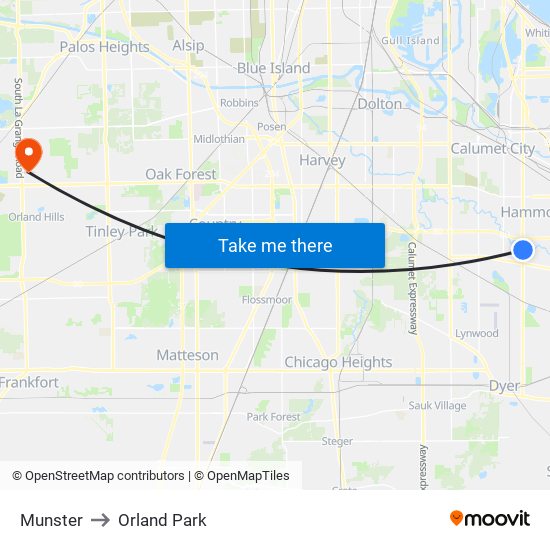 Munster to Orland Park map