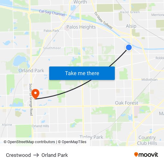 Crestwood to Orland Park map