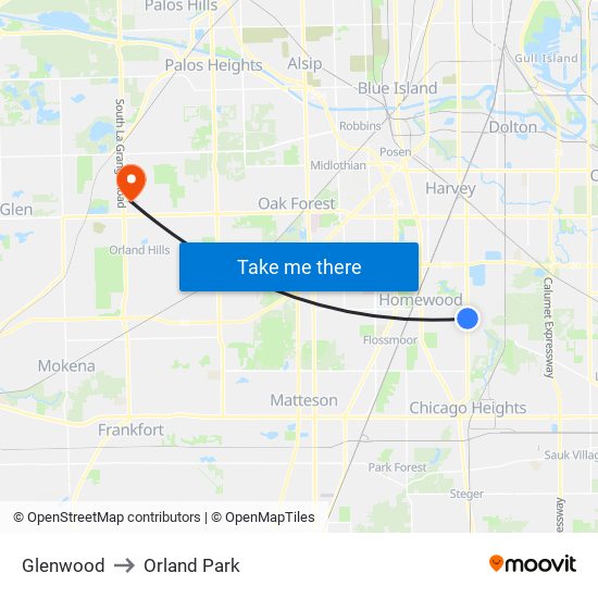 Glenwood to Orland Park map