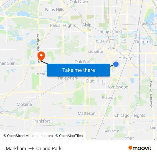 Markham to Orland Park map