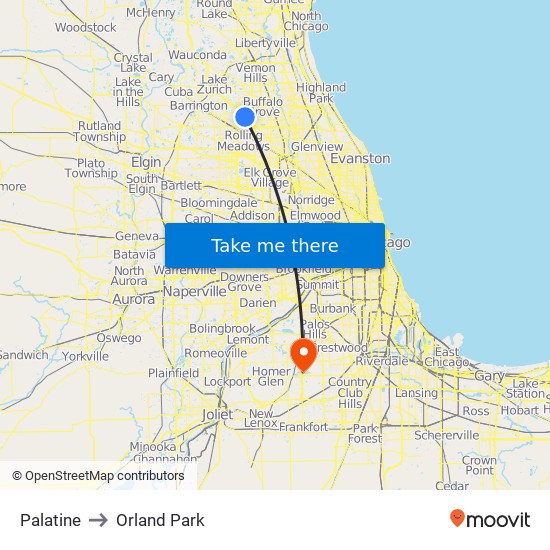 Palatine to Orland Park map