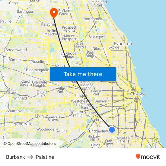 Burbank to Palatine map