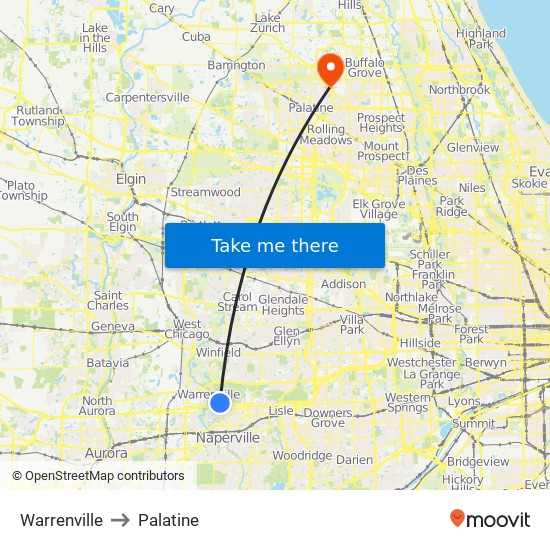 Warrenville to Palatine map