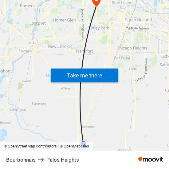 Bourbonnais to Palos Heights map