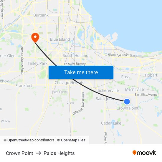 Crown Point to Palos Heights map