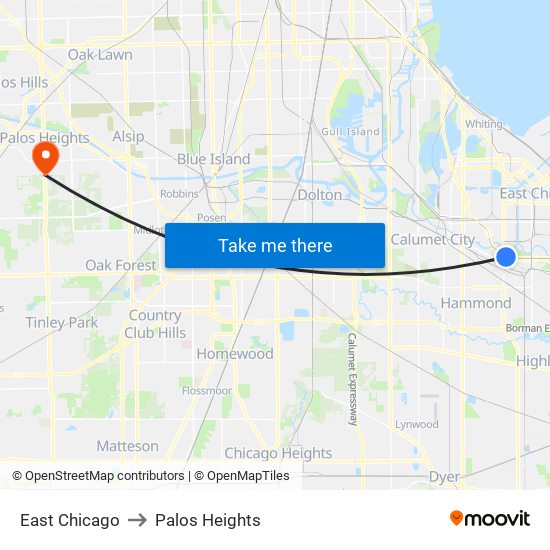 East Chicago to Palos Heights map