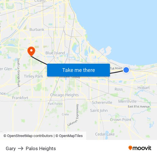 Gary to Palos Heights map