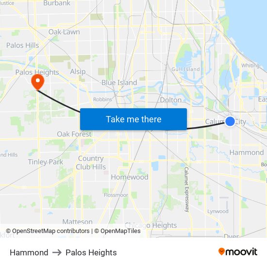 Hammond to Palos Heights map