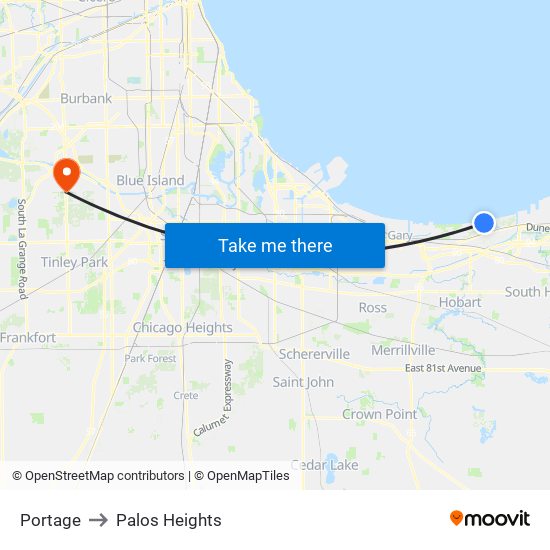 Portage to Palos Heights map