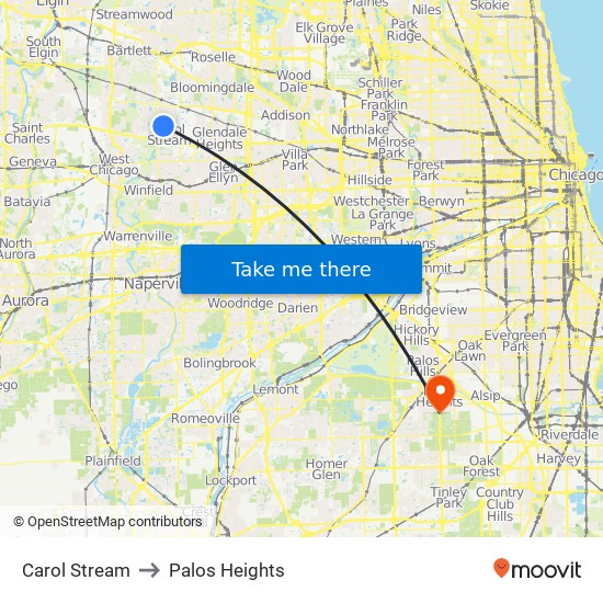 Carol Stream to Palos Heights map