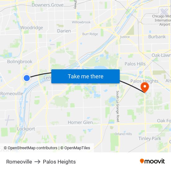 Romeoville to Palos Heights map