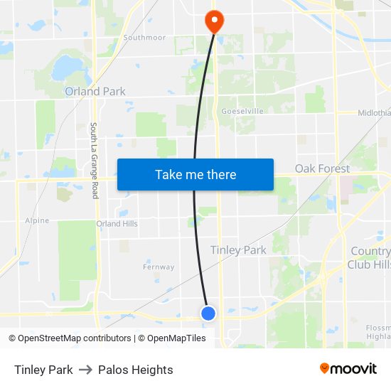 Tinley Park to Palos Heights map