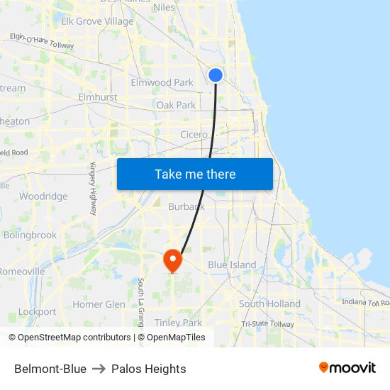 Belmont-Blue to Palos Heights map