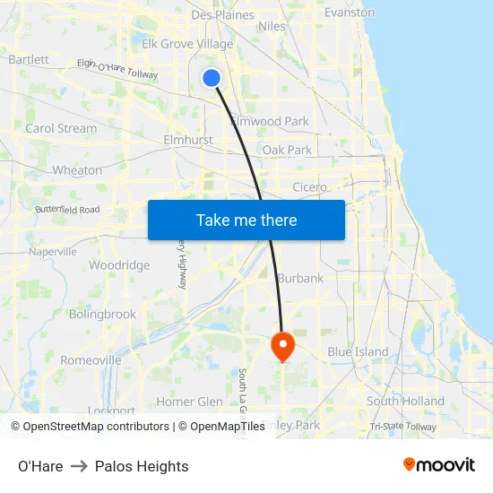 O'Hare to Palos Heights map