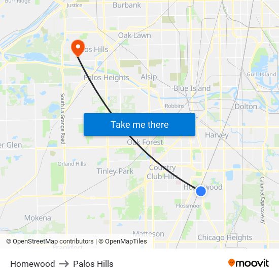 Homewood to Palos Hills map