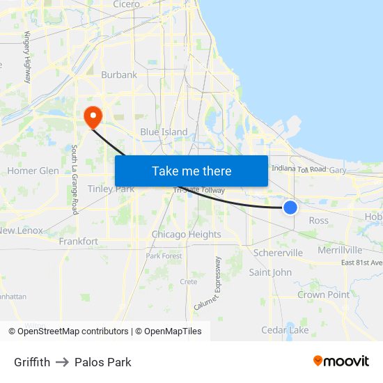 Griffith to Palos Park map
