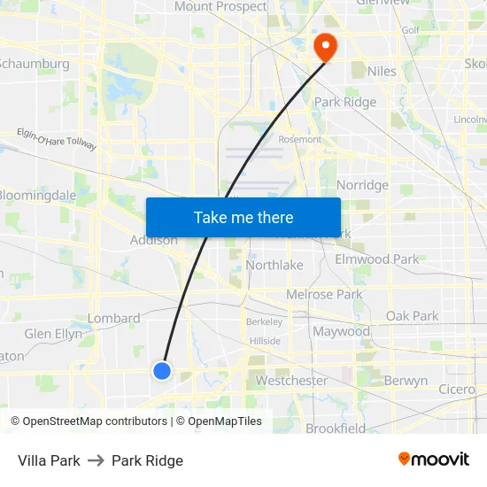 Villa Park to Park Ridge map