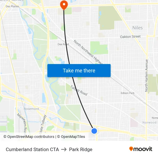 Cumberland Station CTA to Park Ridge map