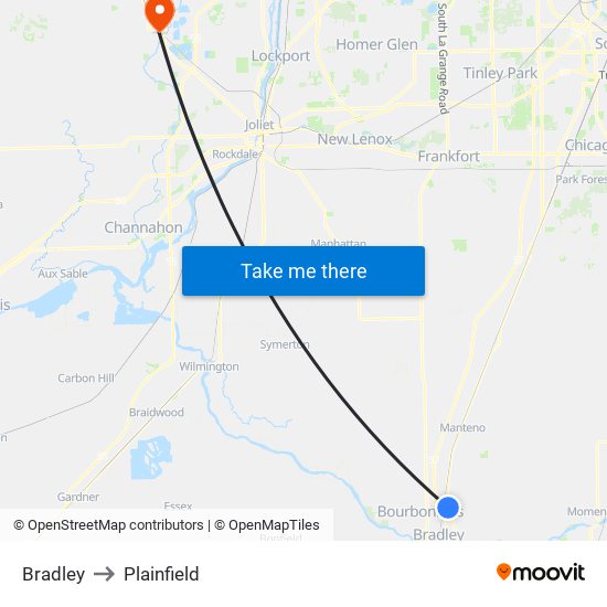 Bradley to Plainfield map
