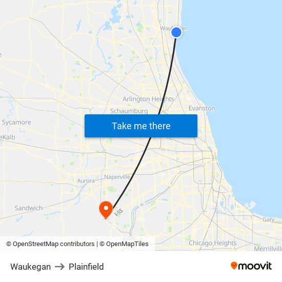 Waukegan to Plainfield map