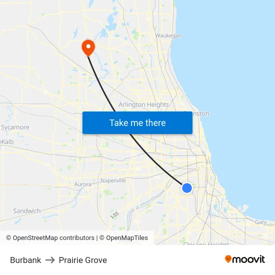 Burbank to Prairie Grove map