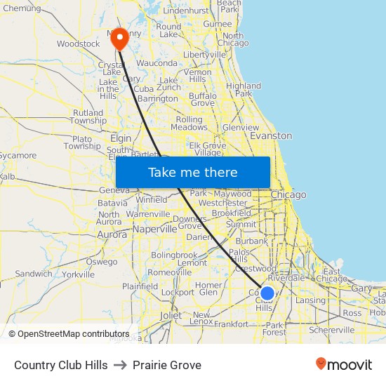 Country Club Hills to Prairie Grove map