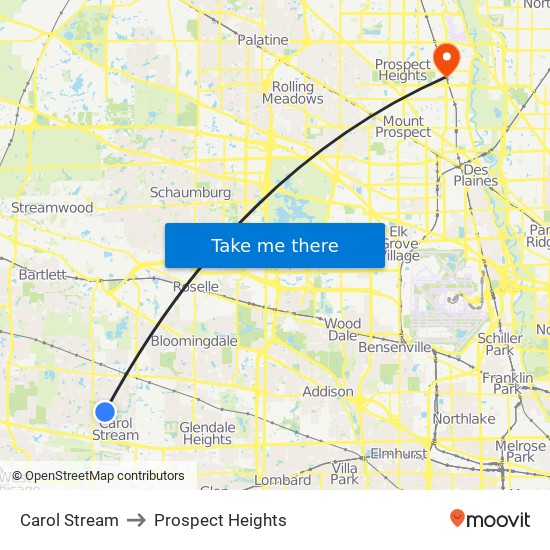Carol Stream to Prospect Heights map
