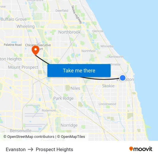Evanston to Prospect Heights map