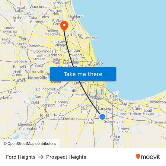 Ford Heights to Prospect Heights map