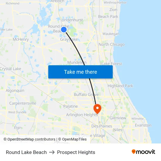 Round Lake Beach to Prospect Heights map