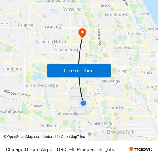 Chicago O Hare Airport ORD to Prospect Heights map