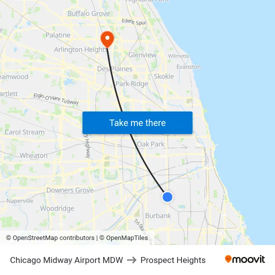 Chicago Midway Airport MDW to Prospect Heights map