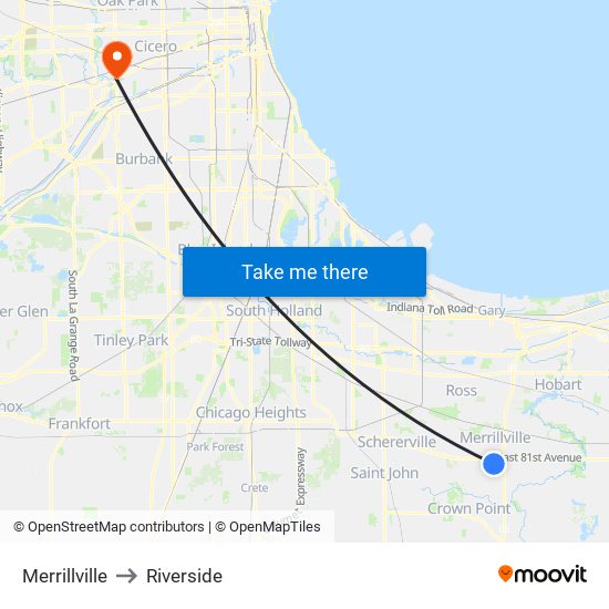 Merrillville to Riverside map