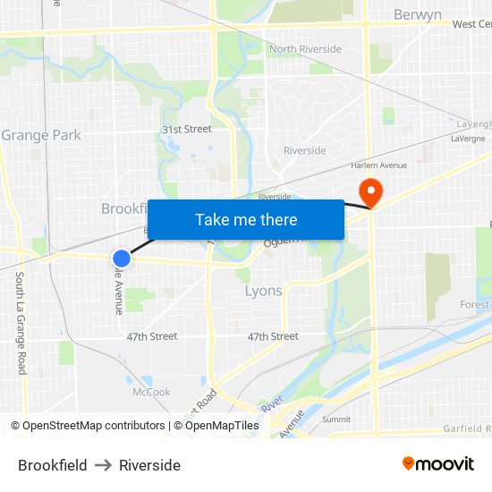 Brookfield to Riverside map