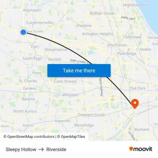 Sleepy Hollow to Riverside map