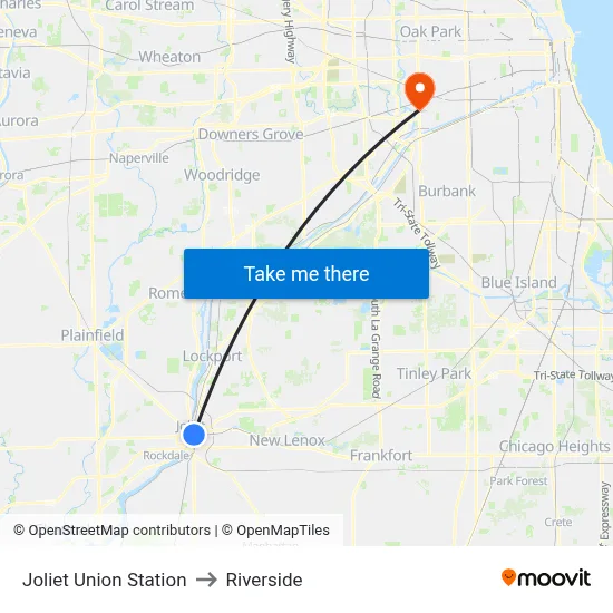Joliet Union Station to Riverside map