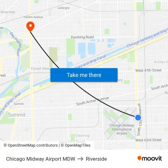 Chicago Midway Airport MDW to Riverside map