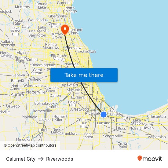 Calumet City to Riverwoods map