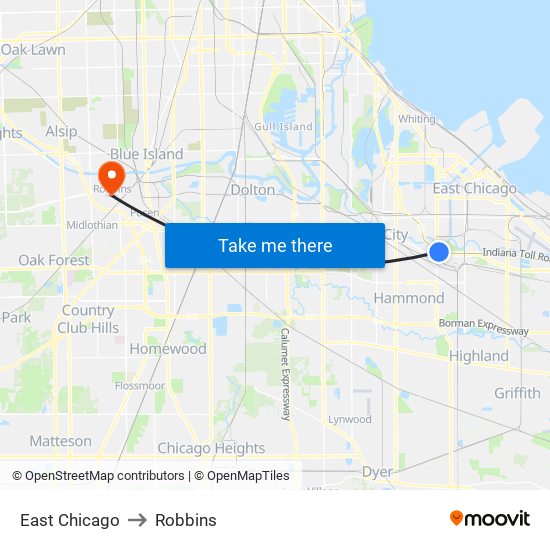 East Chicago to Robbins map