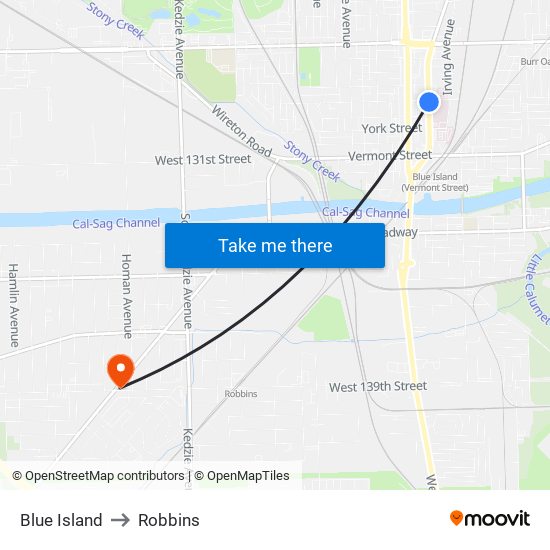 Blue Island to Robbins map