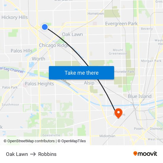 Oak Lawn to Robbins map