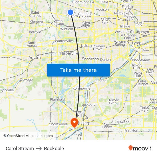 Carol Stream to Rockdale map