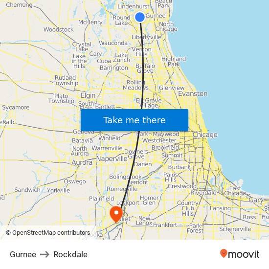 Gurnee to Rockdale map