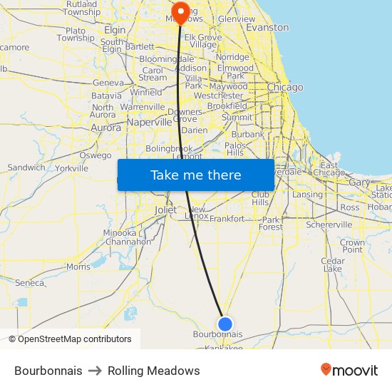 Bourbonnais to Rolling Meadows map