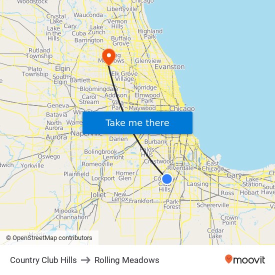 Country Club Hills to Rolling Meadows map