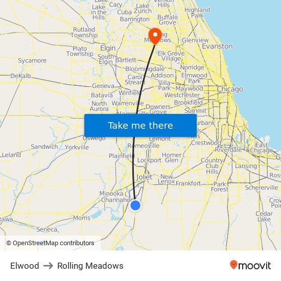 Elwood to Rolling Meadows map