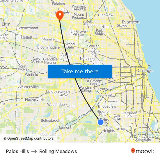 Palos Hills to Rolling Meadows map